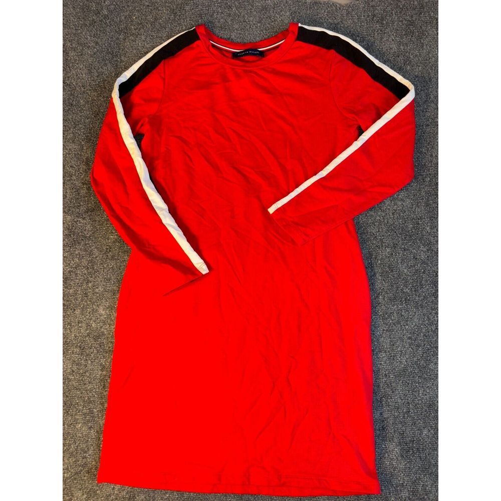 Tommy Hilfiger Tee Shirt Dress Womens Red Long Casual Sleeve Round Neck Pullover